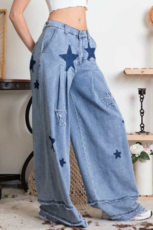Star Patch Wide Leg Stretchy Denim Pants