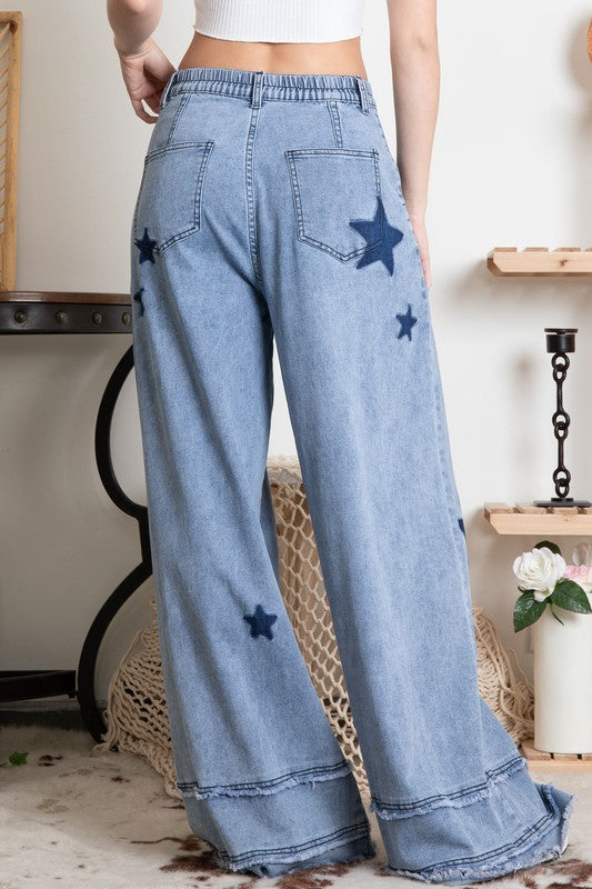 Star Patch Wide Leg Stretchy Denim Pants