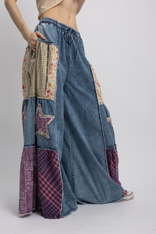 Side Tiered Star Patchwork Wide Flare Pants