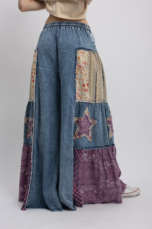Side Tiered Star Patchwork Wide Flare Pants