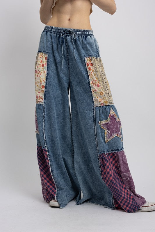 Side Tiered Star Patchwork Wide Flare Pants