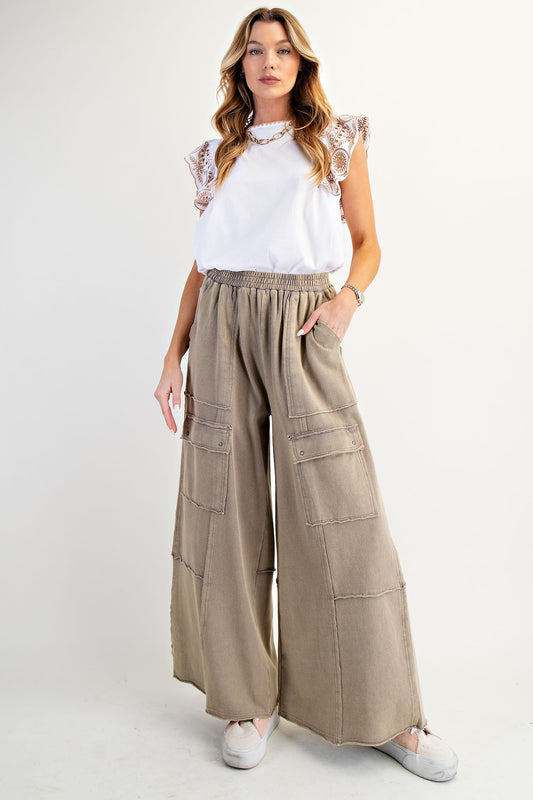 Mineral Washed Wide Leg Cargo Pants - Faded Olive