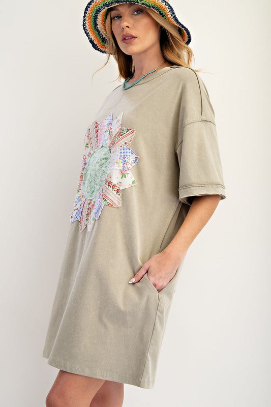Boho Patch Mineral Washed T Shirt Dress - Faded Sage