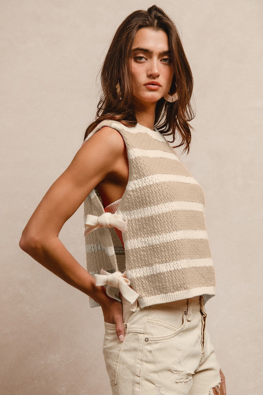 Textured Stripe Side Tie Vest Top - Latte