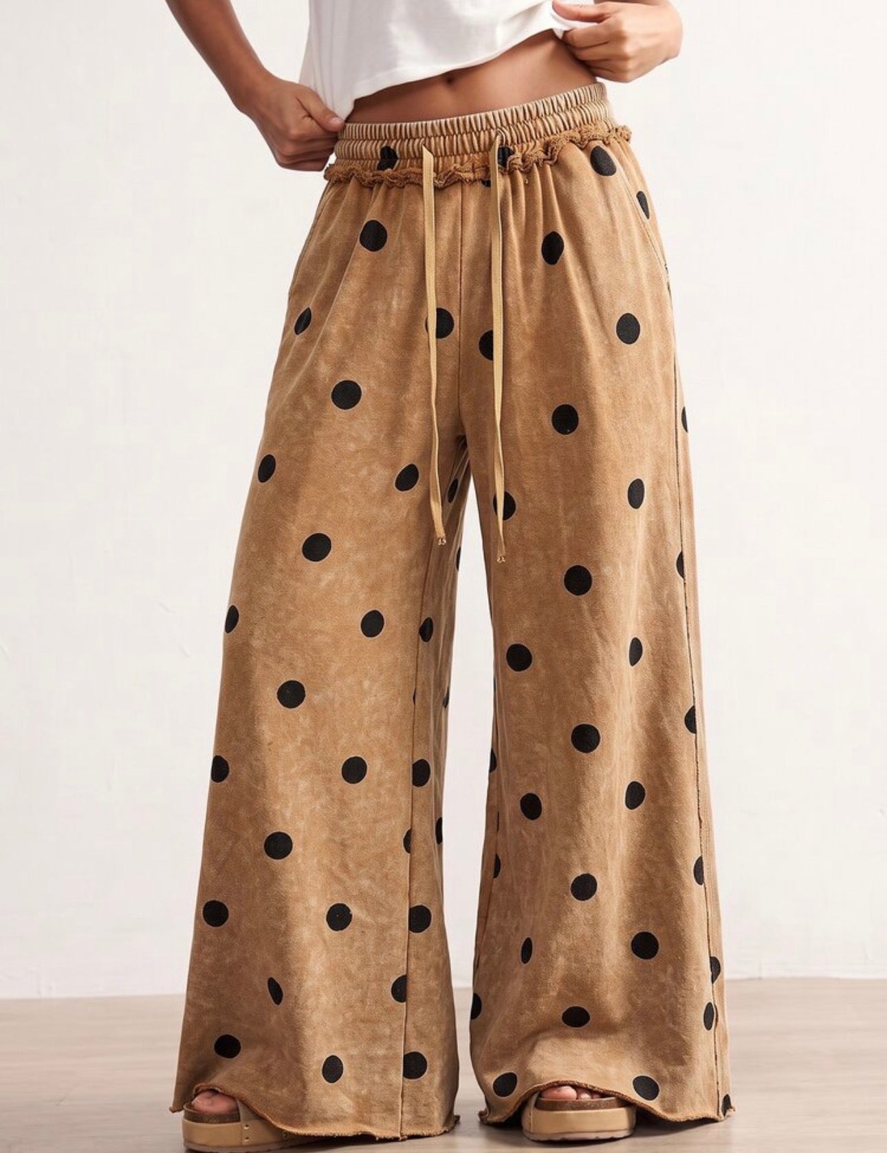 Polka Dot Drawstring Waist Wide Leg Pants