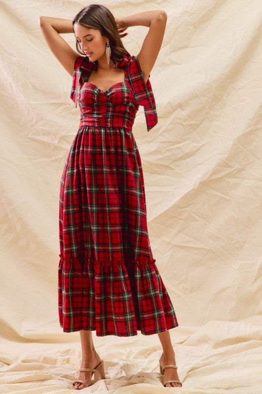 Christmas Check Plaid Woven Holiday Midi Dress