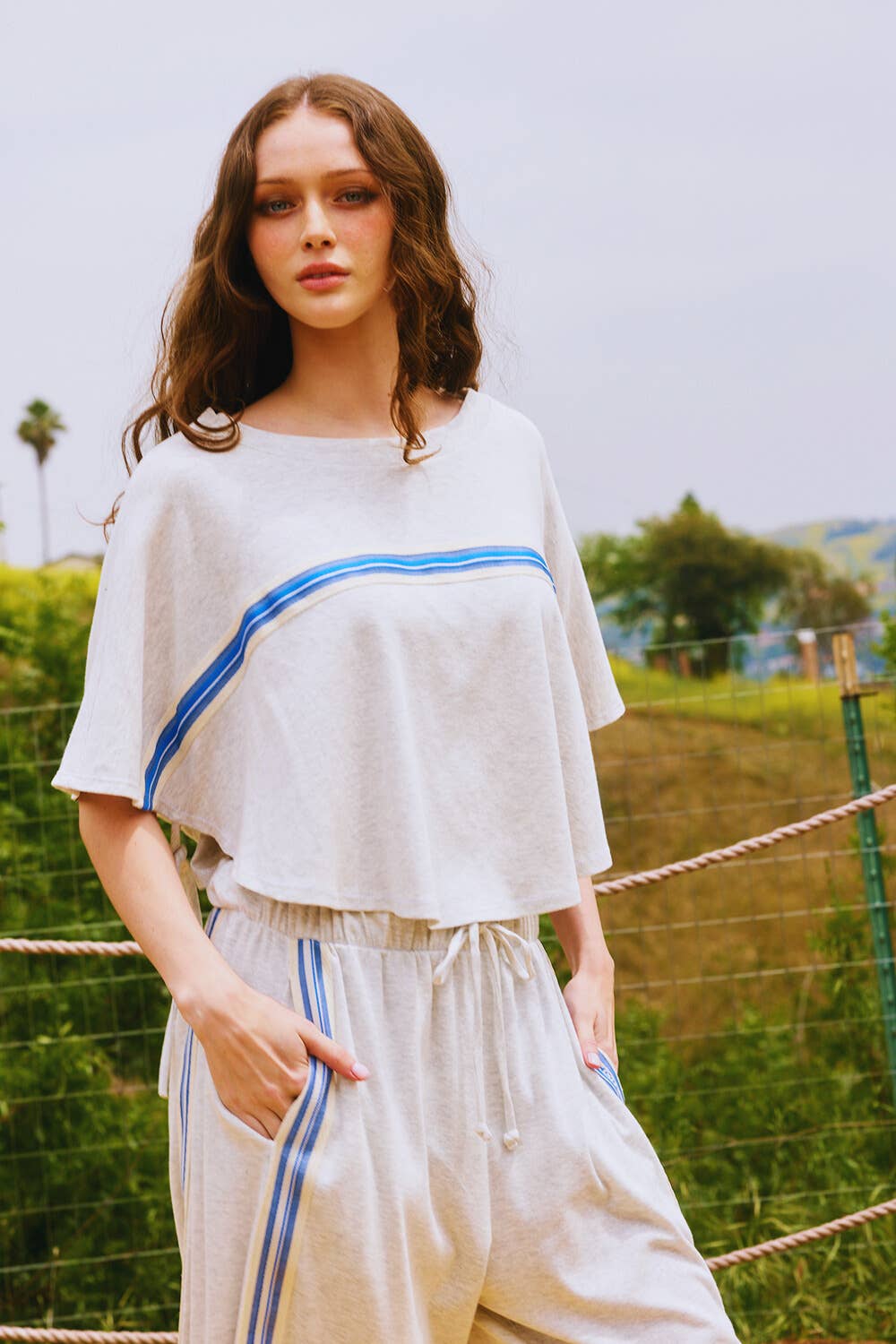 Tie Sleeves Stripe Trimmed Crop Top