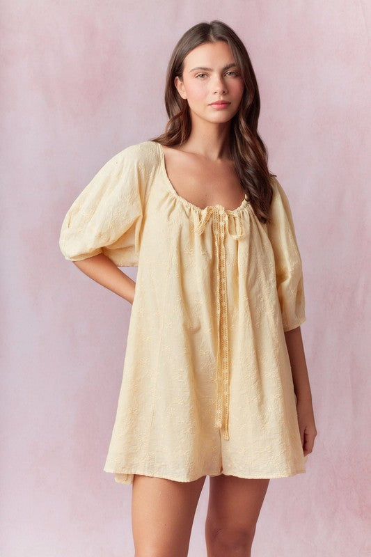 Bow Eyelet Front Embroidery Tie Detail Romper
