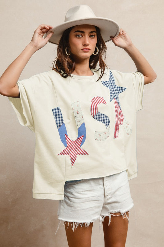 Stars and USA Patchwork Short Sleeve - Cream
