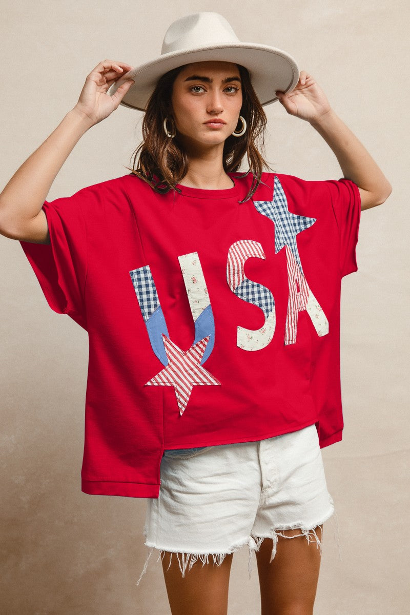 Stars and USA Patchwork Short Sleeve - Red