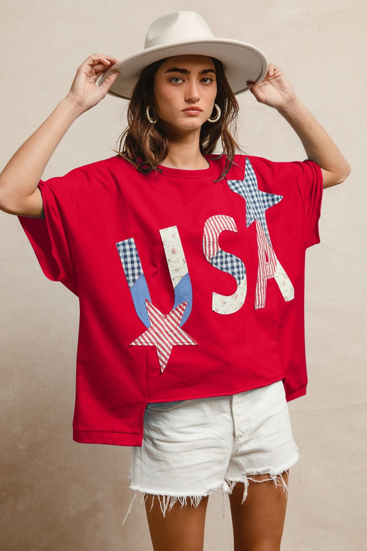 Stars and USA Patchwork Short Sleeve - Red