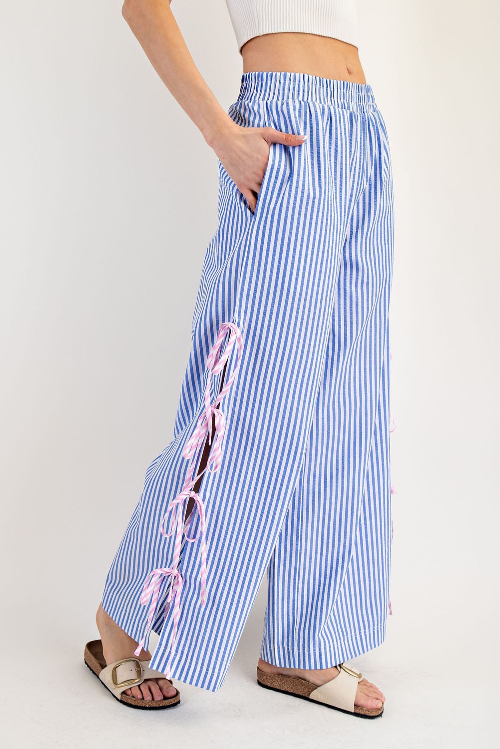 Striped Ribbon Side Tie Pants