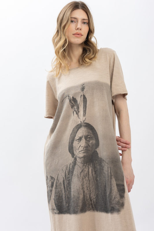 Sitting Bull Print Washed Short Sleeve Long Dress
