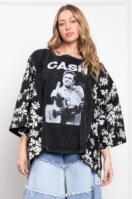 Johnny Cash Print Kantha Poncho Top