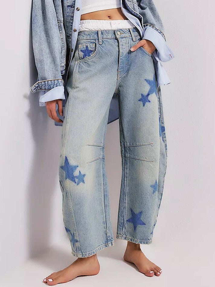 Star Print Loose Midi Waist Jeans