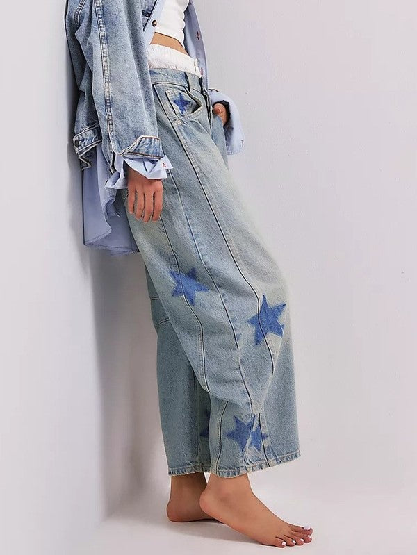 Star Print Loose Midi Waist Jeans