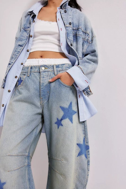 Star Print Loose Midi Waist Jeans