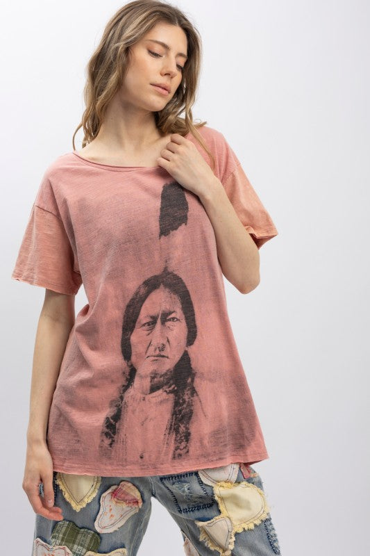 Sitting Bull Print Washed Short Sleeve Top - Dusty Coral