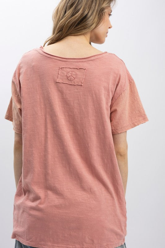 Sitting Bull Print Washed Short Sleeve Top - Dusty Coral