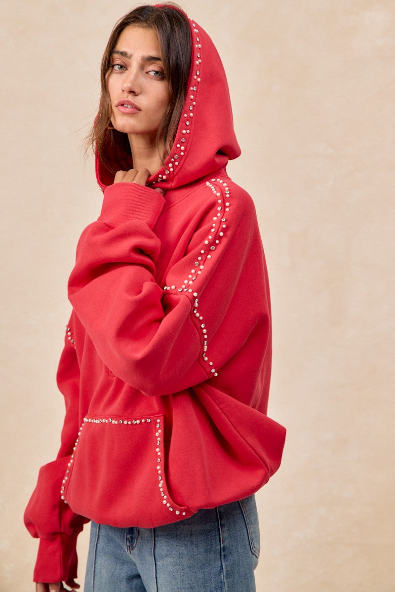 Brushed Terry Half Zip Up Jeweled Hoodie - Red