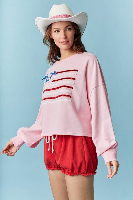Crew Neck Flag Sparkle Trim Crop Sweatshirt - Pink