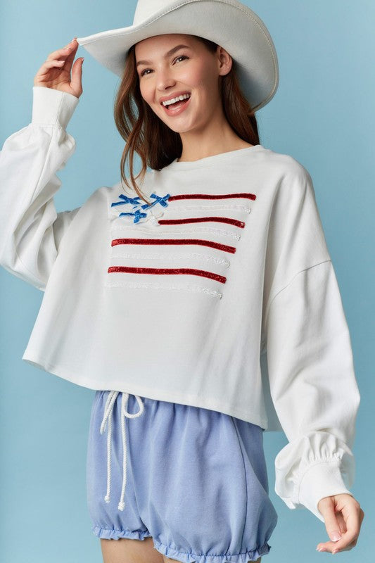 Crew Neck Flag Sparkle Trim Crop Sweatshirt - White