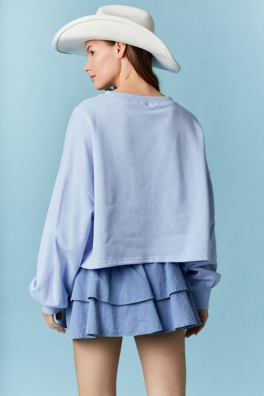 Crew Neck Flag Sparkle Trim Crop Sweatshirt - Light Blue