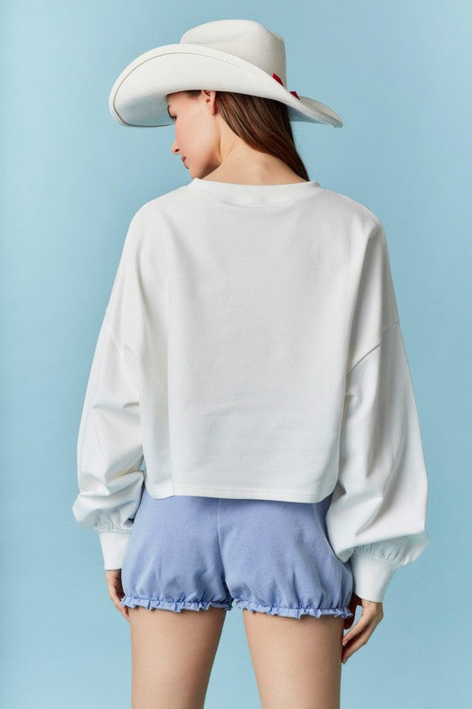 Crew Neck Flag Sparkle Trim Crop Sweatshirt - White