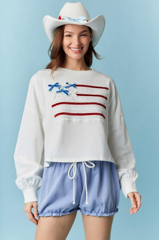Crew Neck Flag Sparkle Trim Crop Sweatshirt - White