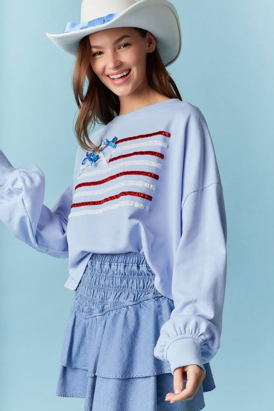 Crew Neck Flag Sparkle Trim Crop Sweatshirt - Light Blue