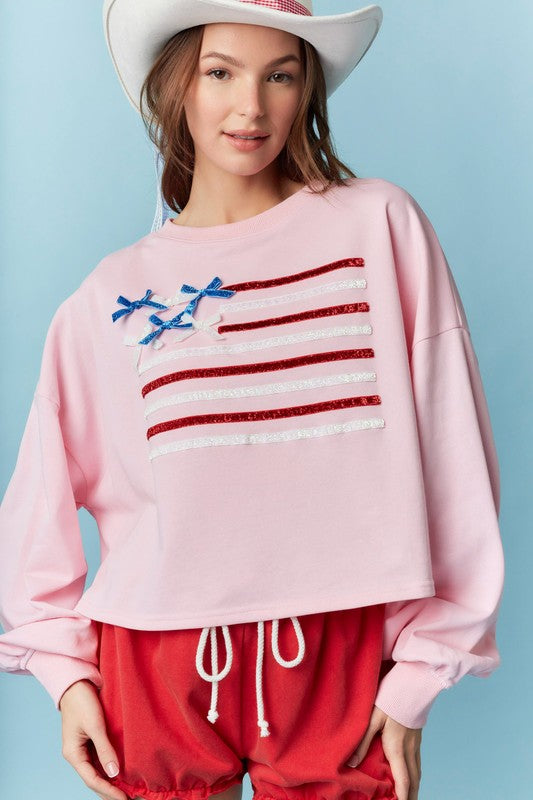 Crew Neck Flag Sparkle Trim Crop Sweatshirt - Pink