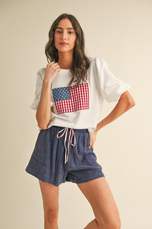 American Flag Patch Balloon Sleeve Knit Top