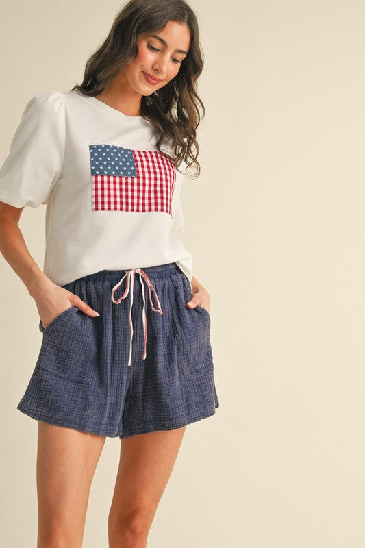 American Flag Patch Balloon Sleeve Knit Top
