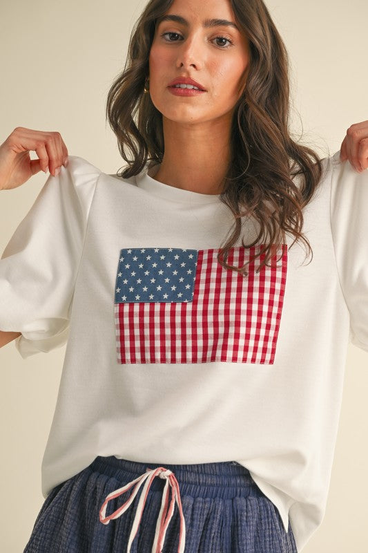 American Flag Patch Balloon Sleeve Knit Top