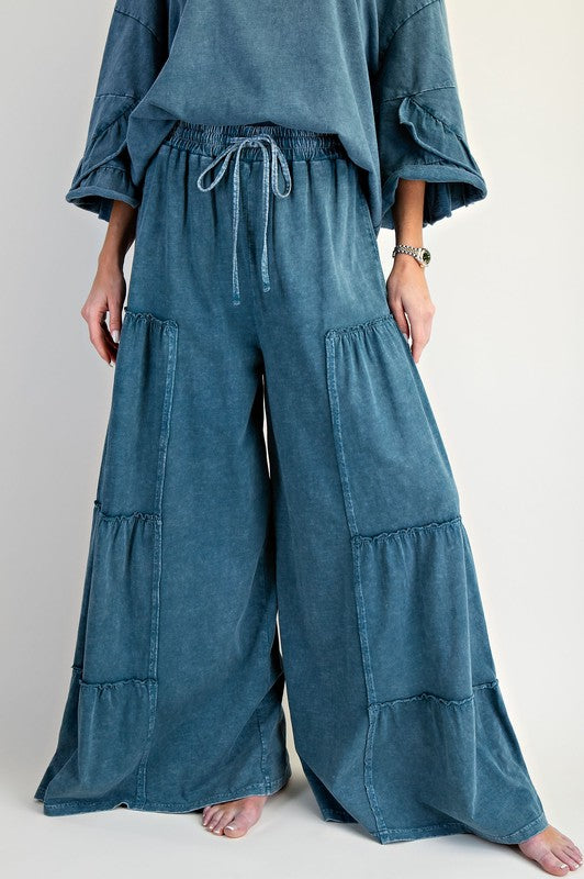 Mineral Washed Tiered Pants - Teal