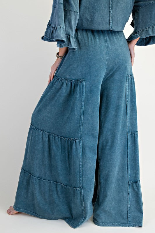 Mineral Washed Tiered Pants - Teal
