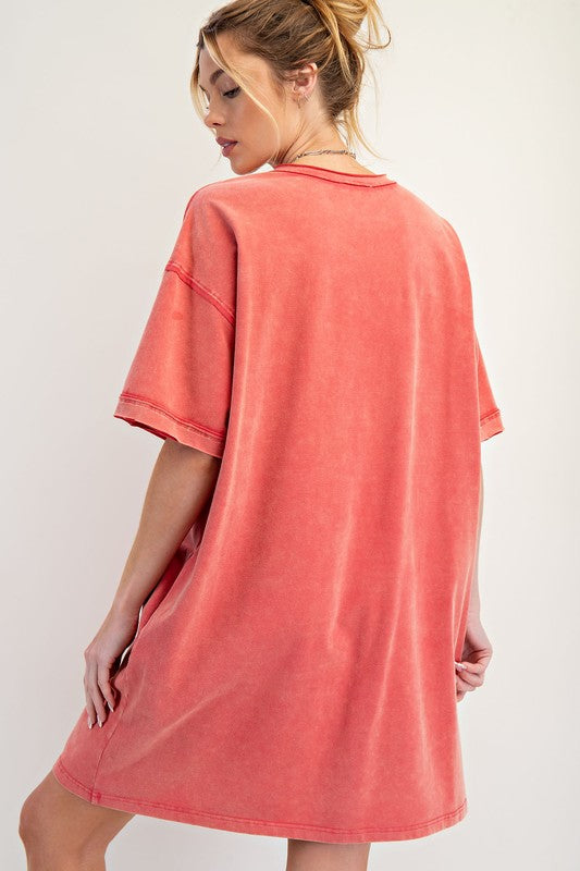 Boho Patch Mineral Washed T Shirt Dress - Boho Red