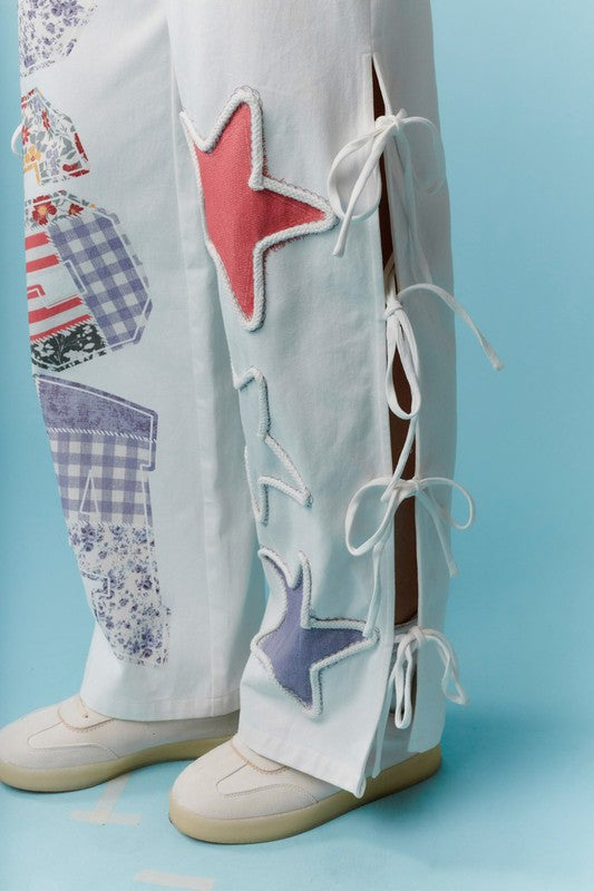 Printed Rope Trim with Side Bow Detail Star Twill Pants