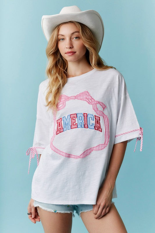 Bow Gingham Laser Cut Detail Tee -Off White