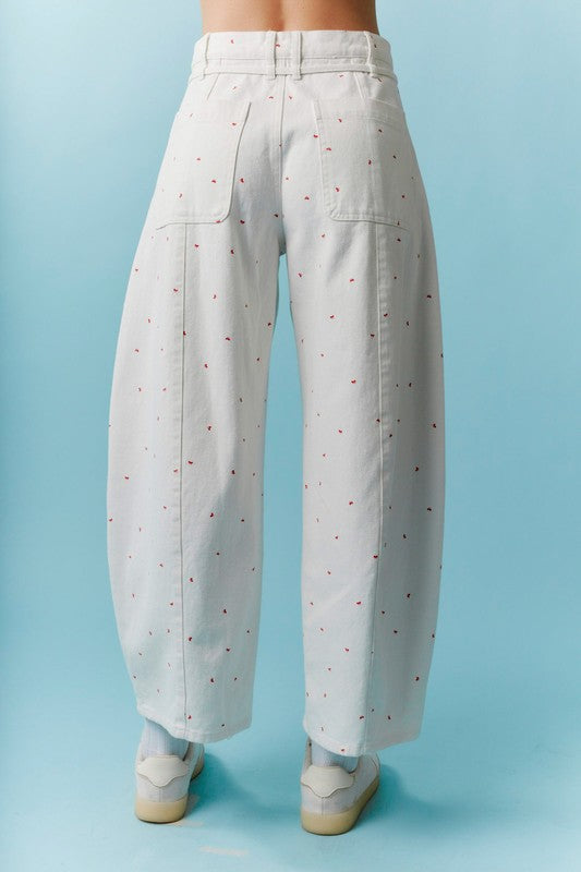 Mini Bow Print Washed Barrel Jeans
