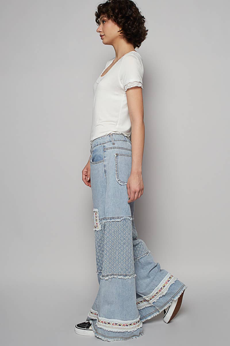 Vintage Washed Floral Patch Detail Straight Pants