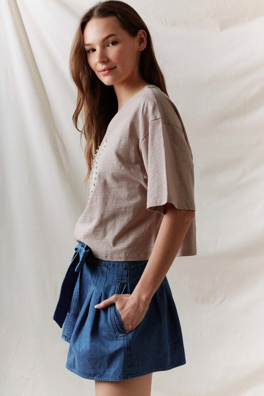 Horseshoe Lace & Pearl Cropped Short Sleeve Top