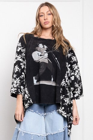 Elvis Print Kantha Poncho Top - Black