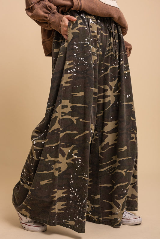 Washed Paint Splatter Camouflage Wide Leg Pants