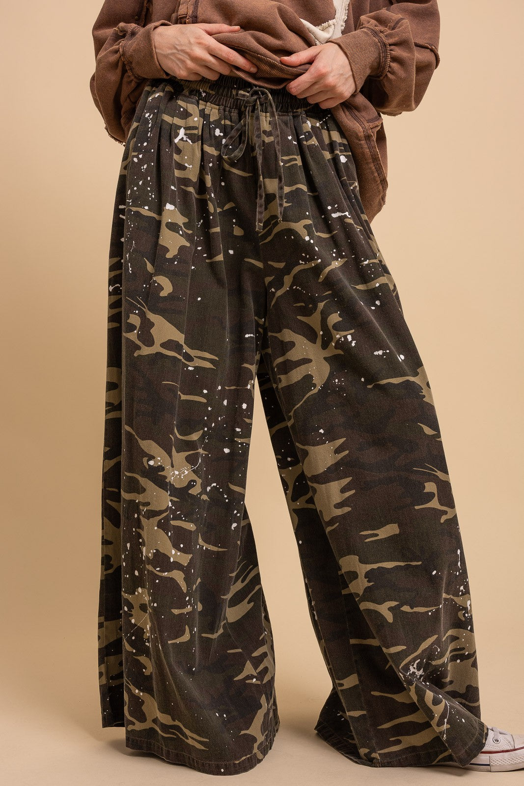 Washed Paint Splatter Camouflage Wide Leg Pants