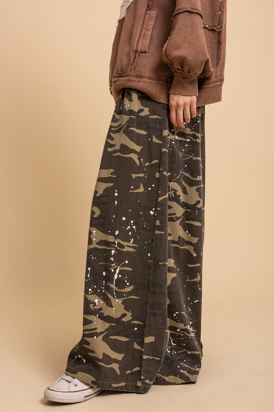 Washed Paint Splatter Camouflage Wide Leg Pants