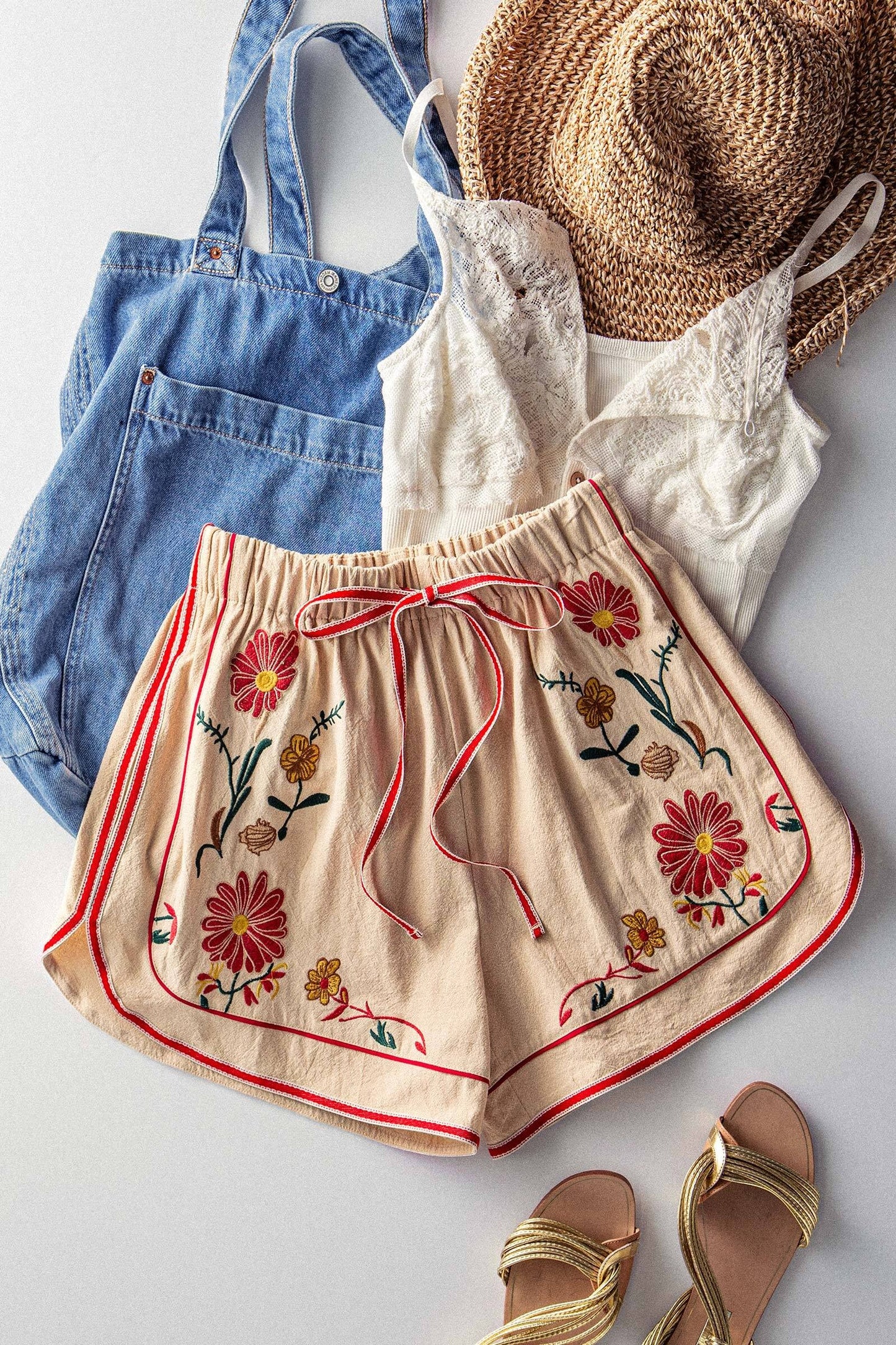 Wildflower Embroidered Linen Shorts - Khaki