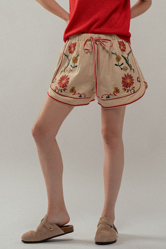 Wildflower Embroidered Linen Shorts - Khaki
