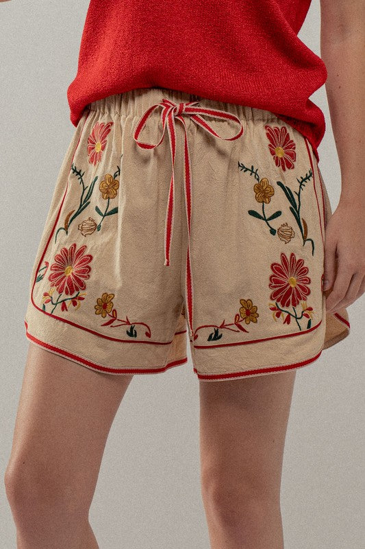 Wildflower Embroidered Linen Shorts - Khaki