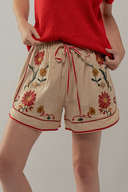 Wildflower Embroidered Linen Shorts - Khaki